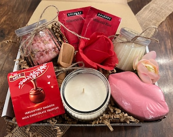 Spa Gift Box: Rose Bath Salts, Cocoa Lotion, Candle & Truffles
