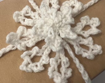 May include: A white crocheted snowflake adorns a brown gift box. The snowflake is intricately designed with delicate, openwork patterns. A matching white crocheted cord wraps around the box, enhancing the festive presentation. The overall theme is holiday gift wrapping.