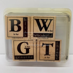 Around the Block - Stampin' Up! - Lettere monogramma - Bliss Wonderful Genuine Thanks - Set di timbri in gomma montati su legno - Fuori produzione