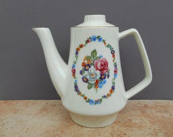 kleine vuurvaste keramische koffie- of theepot: 350 ml, bloemendecor, West-Duitsland, jaren 1950 - 1970
