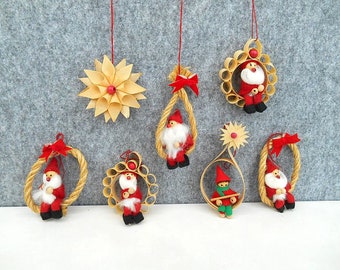 7 wooden Christmas ornaments with wood shavings / German / hand painted decoration / 1980s