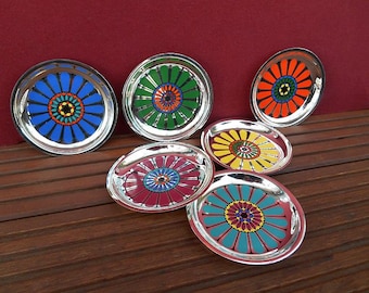 vintage set of 6 silver toned tin coasters / 1960s - 1970s