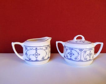 porcelain creamer and sugar Strohmuster / Original Blau SAKS 1920s / Wilhelm Jäger / Eisenberg, Thuringia / East Germany GDR / 1950s - 1960s