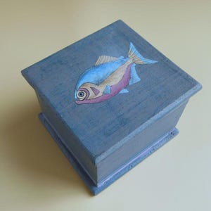 wooden trinket box hand painted lid fish design / blue pastel colors / vintage
