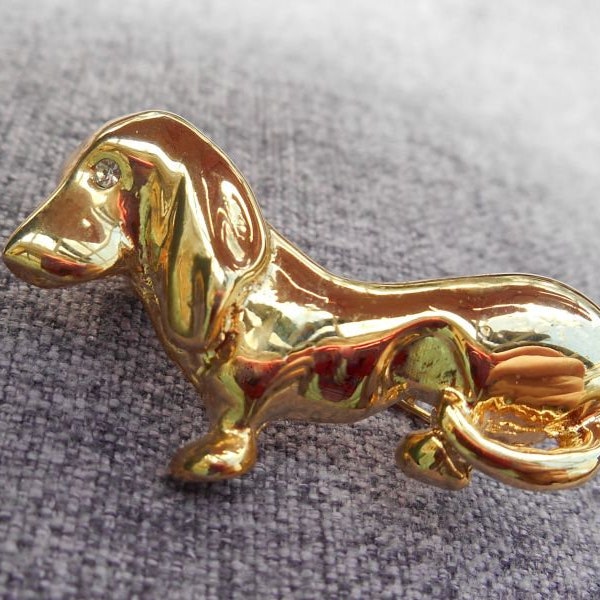gold tone dog brooch basset hound or dachshound / costume jewelry / marked Paris Bijoux / France / vintage