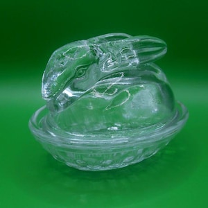glass bunny shaped lidded butter dish bunny on nest hare on nest / vintage