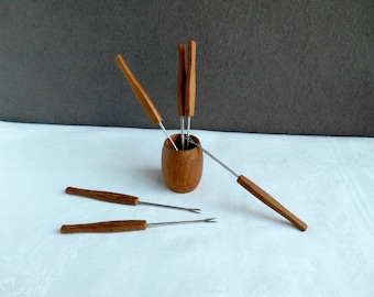 cocktail forks teak wood and stainless steel / Scandinavian or German / 1960s