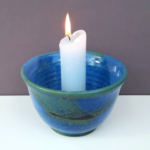 hand turned blue ceramic large candle holder / studio pottery signed IS / Germany / vintage