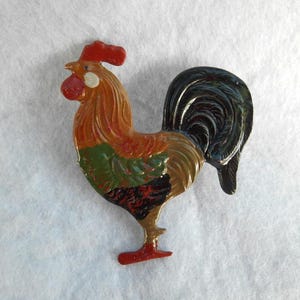 rooster brooch / hand painted pewter lead free / hand made / West Germany / from 1960