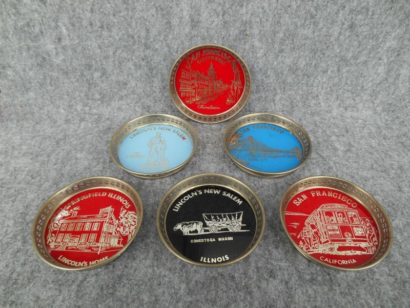 USA souvenir coasters set of 6 / San Francisco and Abe Lincoln / Japanese Import / ca. 1960s - 1970s