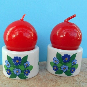 2 candle holders funny design with original candles / CHERIE / blue flowers / West Germany / 1970s
