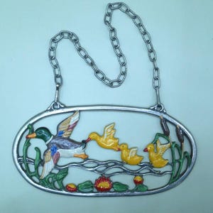 pewter flying duck family ornament / hand painted pewter lead free / hand made / West Germany / from 1960