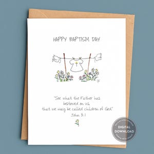 May include: A white baptism card with a brown envelope. The card features a line drawing of a shirt and doves on a clothesline, with the text "HAPPY BAPTISM DAY" and a Bible verse. A digital download.
