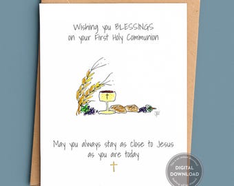 Digital First Communion Card/Catholic Greeting Cards/Sacrament Gift/Eucharist Art/PDF File