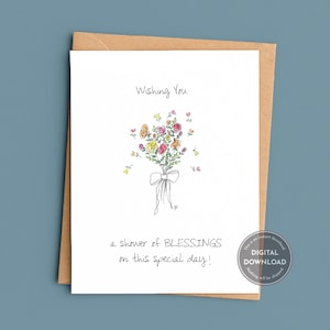 Printable Bridal Shower Card, Wishing You a Shower of Blessings, Hand Drawn Boho Design