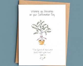 May include: A white greeting card with a brown envelope featuring a watercolor illustration of a potted olive tree with a red ribbon. The text reads: Wishing you blessings on your Confirmation Day and The Spirit of the Lord shall rest upon him.