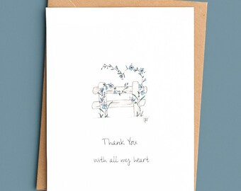 Thank You Card/Floral Heart Vine Illustration/With All My Heart/Simple Gentle Gratitude Card/Minimalist Botanical Greeting Card