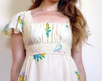 Vintage Gunne Sax Bright Floral & Beige Midi Dress (Black Label) | XXS-XS