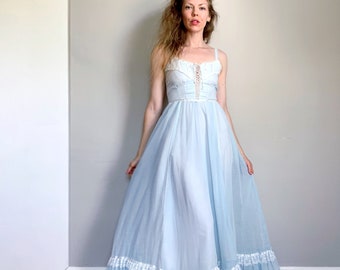 Vintage pastel blue Gunne Sax dress | pale blue sundress corset lace-up prairie maxi cottagecore boho | Gunne Sax by Jessica | size xx-small