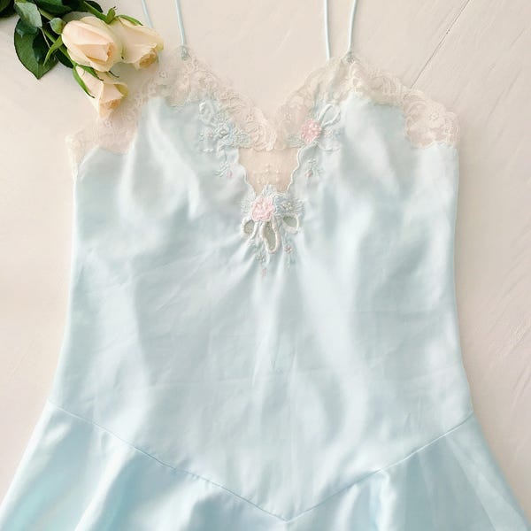 Vintage pastel blue slip | lingerie mini slip dress drop waist ruffle hem sheer lace floral spring sleepwear | Sara Beth | size small-medium