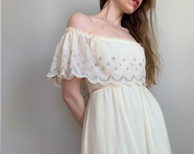 Vintage Off-the-shoulder Gunne Sax Dress Cream Pink Floral Embroidered ...