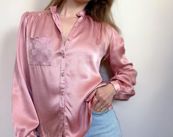 Vintage Jessica's Gunnies Pink Satin Blouse With Patchwork Pocket | XS