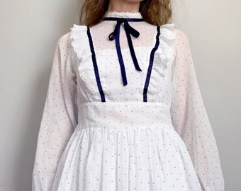 Vintage Gunne Sax dress | white high neck ruffle polka dot prairie ribbon ties boho cottage edwardian | Gunne Sax by Jessica | size small