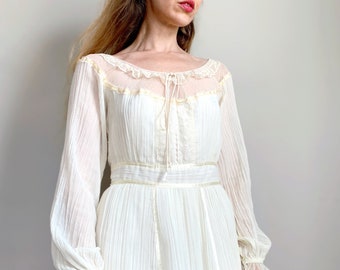 Vintage cream Gunne Sax dress | crinkle midi prairie dress bridal wedding lace boho hippie engagement | Gunne Sax by Jessica | size small