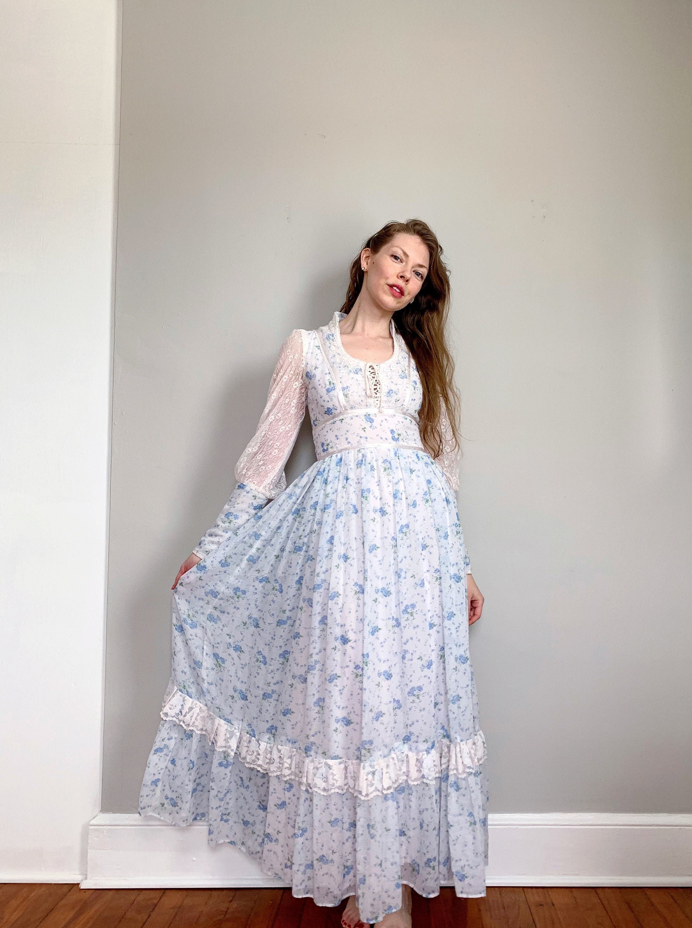 gunne sax style blue prairie dress - ロングワンピース