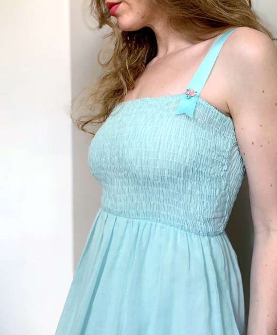 Vintage smocked dress | shirred pastel mint maxi … - image 2