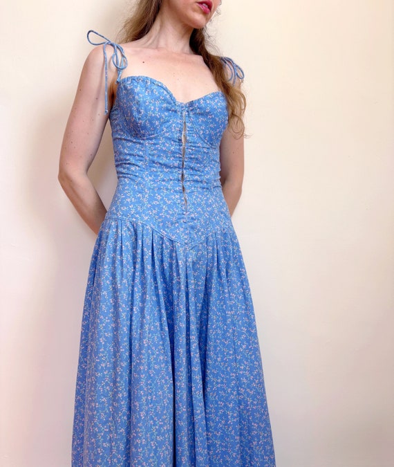Vintage blue floral corset dress | lace-up back bu
