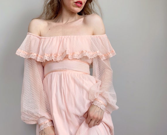 Vintage pink Gunne Sax dress | pastel ruffle off-… - image 1