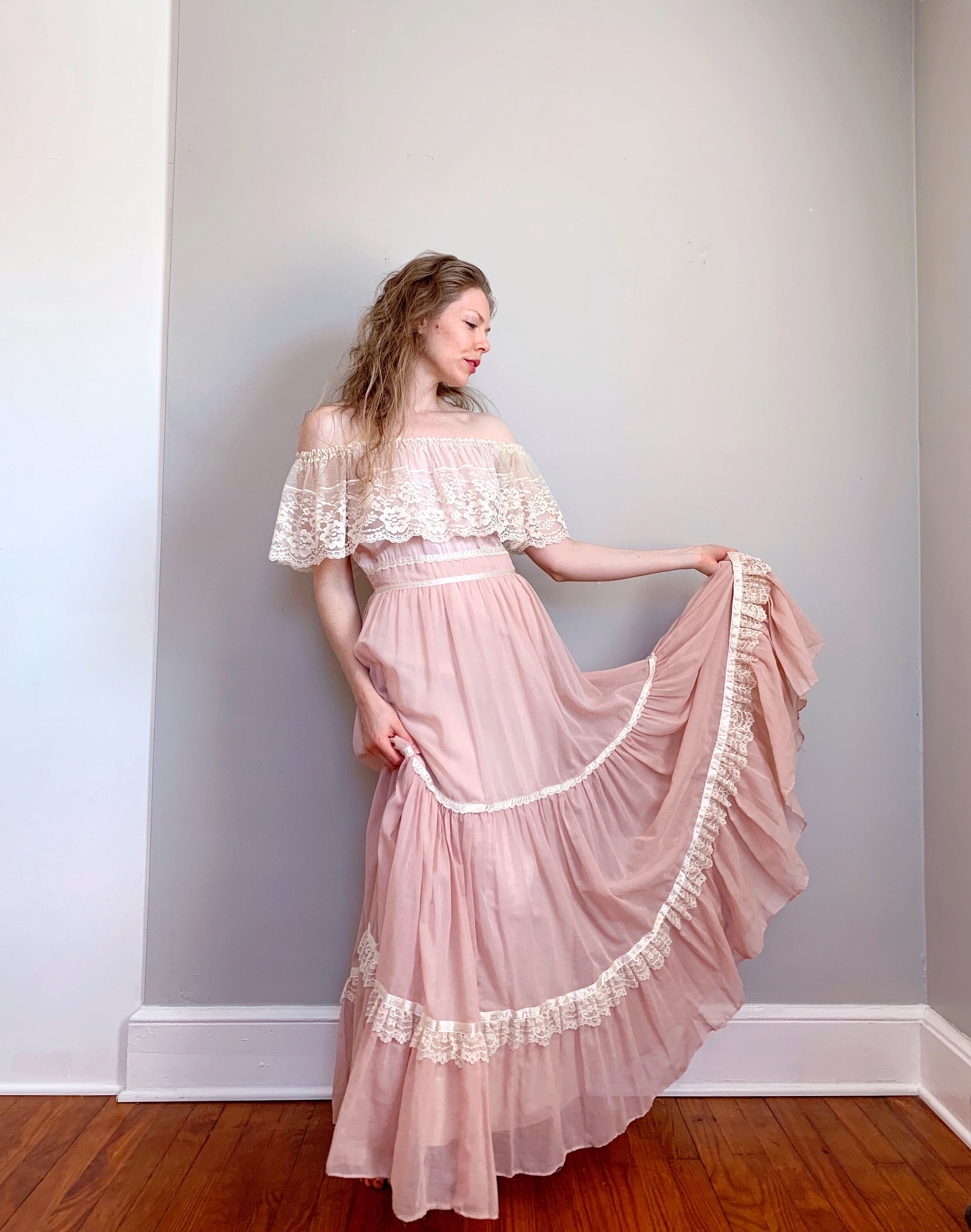 gunne sax off the shoulder dress Vintage Gunne Sax Jessica McClintock Off Shoulder Ruffle Dress 80s ~Prom~costume