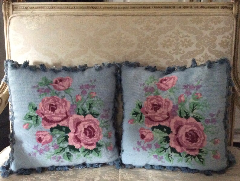 Vintage Blue Needlepoint Roses Tassel Pillow Pair Etsy