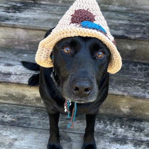 Puede incluir: Un perro negro con un gorro de punto marrón y beige con detalles azules. El perro está sentado en unos escalones de madera.