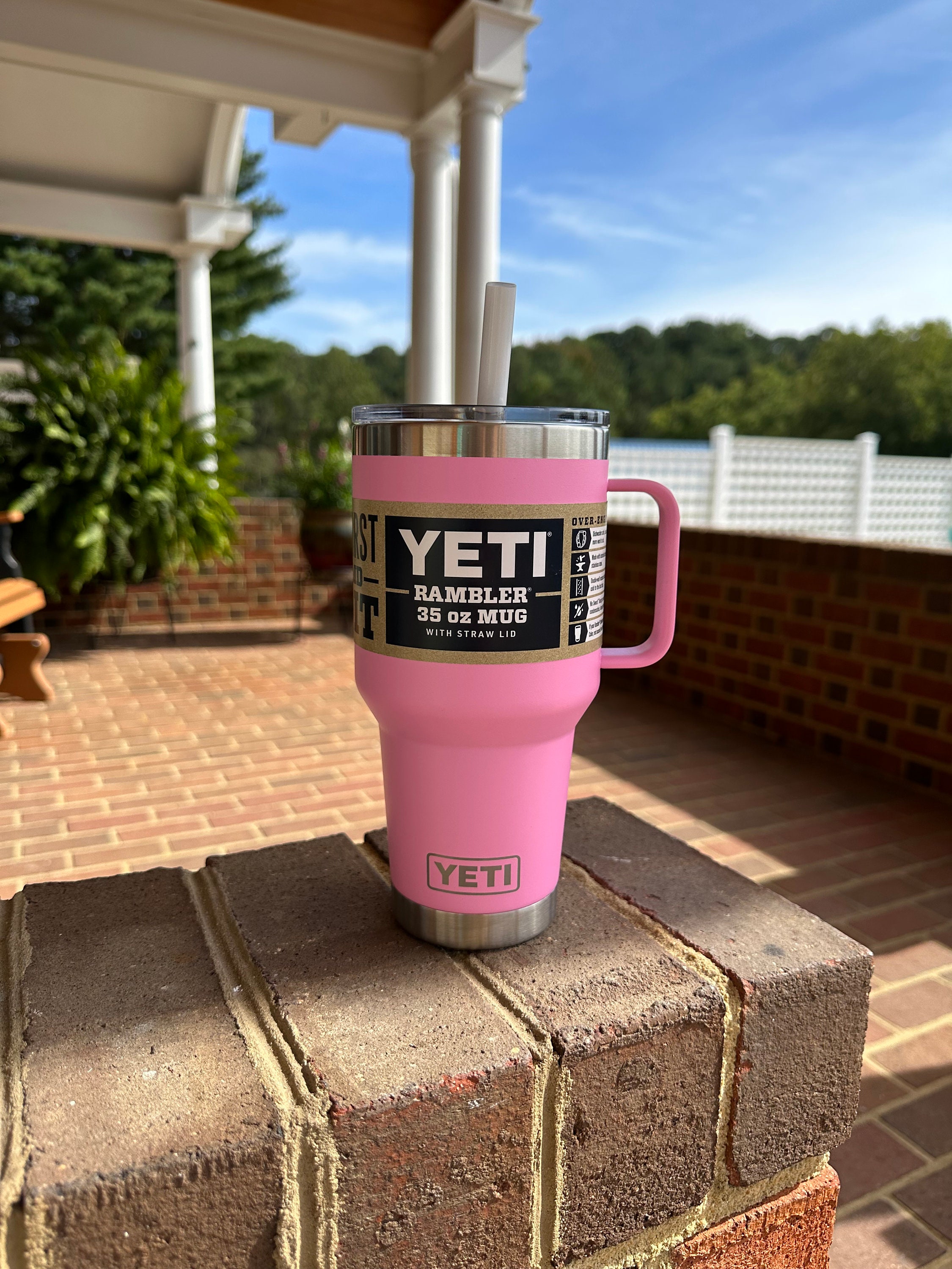 REAL YETI 35 Oz. Rambler With Straw Lid Laser Engraved Power Pink