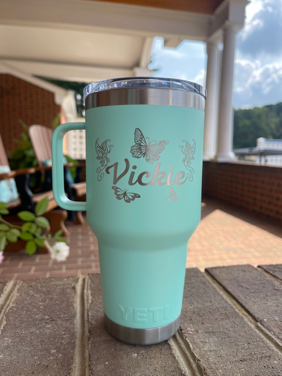 Butterflies REAL YETI 30 Oz. Travel Mug With Stronghold Lid Laser Engraved Seafoam Stainless