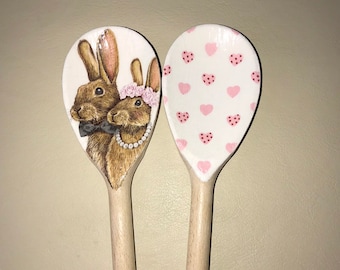 Decorative Vintage Shabby Chic Wooden Spoon Kitchen Home Decor Pink Love Hearts Rabbit Couple Set Wedding Engagement Teacher Gift Idea