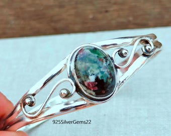 Bracelet-jonc en pierres précieuses eudialyte, manchette réglable en argent 925