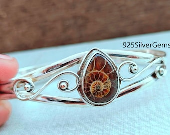 Handmade Sterling Silver Ammonite Fossil Bangle, Gemstone Cuff Bracelet