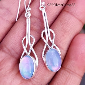 Aurora Opal 925 Sterling Silver Dangle Earrings, Handmade