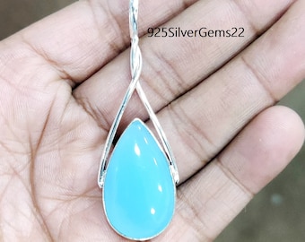 Aqua Chalcedony Teardrop Pendant, Sterling Silver Boho Jewelry