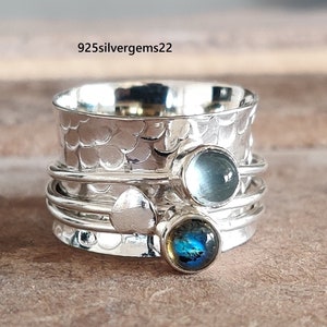 Labradorite Ring, Aquamarine Ring, Meditation Ring, 925 Sterling Silver Ring, Beautiful Ring, Spinner Ring, Silver Ring, Gift For Her