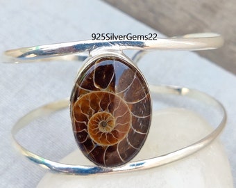 Ammonite Fossil Bangle, 925 Sterling Silver Bracelet