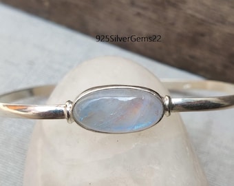 Handmade Moonstone 925 Sterling Silver Bangle, Adjustable Gemstone Jewelry
