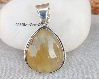 Golden Rutile Pendant, 925 Sterling Silver Pendant, Golden Rutile Jewelry, Gemstone Pendant, Rutile Pendant, Women Pendant, Silver Pendant