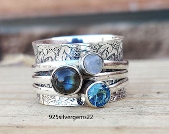 Labradorite Ring, Blue Topaz Ring, Moonstone Ring, Meditation Ring, Labradorite Jewelry, 925 Sterling Ring, Spinner Ring, Moonstone Jewelry
