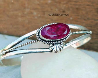 Brazalete ajustable de rubí hecho a mano en plata de ley, joyería para mujer