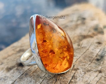 Amber Statement Ring, 925 Sterling Silver