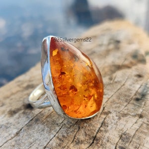 Amber Ring, Gemstone Ring, Anxiety Ring, Amber Jewelry, 925 Sterling Silver Ring, Beautiful Ring, Pear Ring, Dainty Ring, Pretty Ring